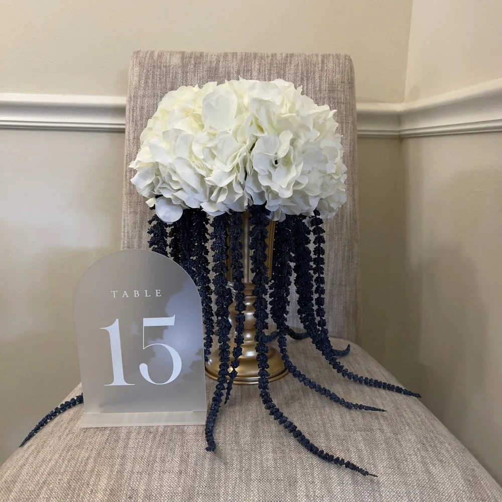 White Hydrangea and Blue Cascading Floral Centerpiece Arrangement in‎ Gold Urn